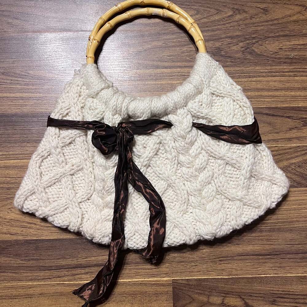 Cream Knitted Top Handle Bags, Everyday Handmade Bag